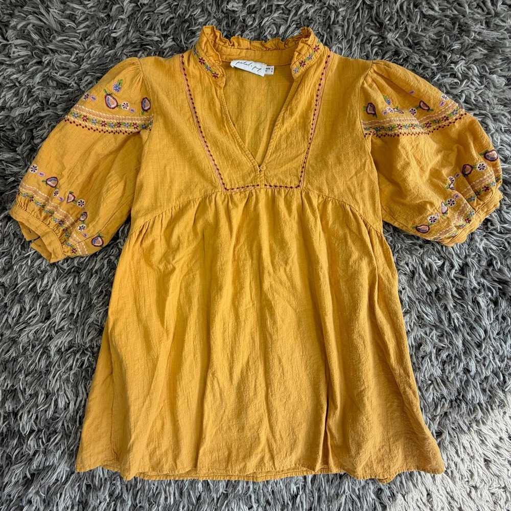 Petal + Pup Mustard Yellow Embroidered Cotton Babydoll Mini Dress Womens US 2